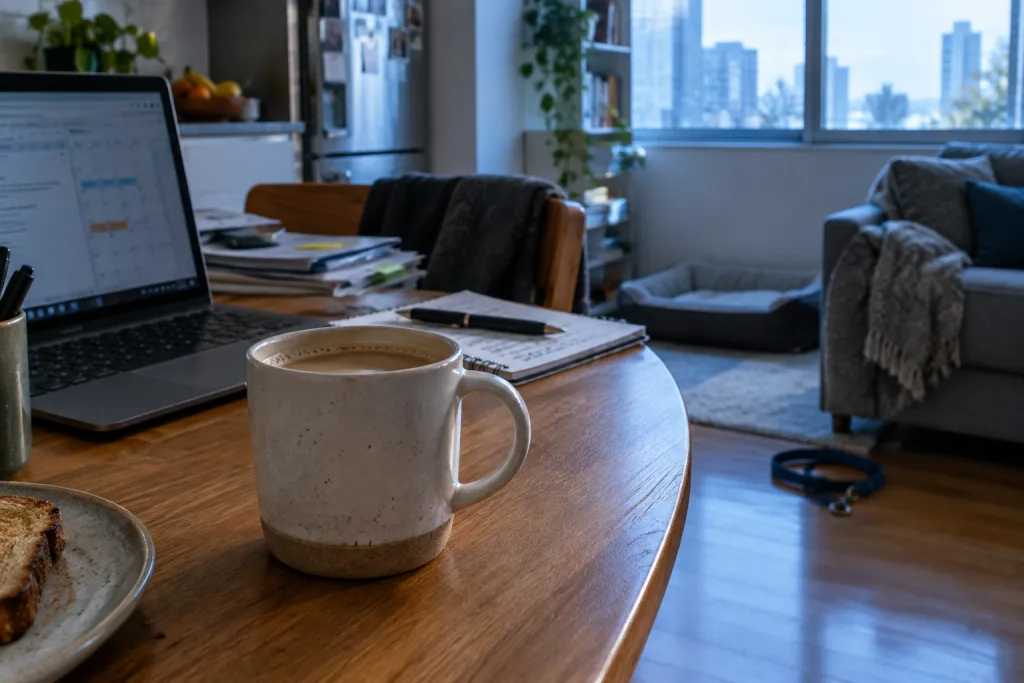 Caneca de café com leite sobre mesa de madeira, ao lado de notebook aberto, cadernos e uma coleira no chão da sala.