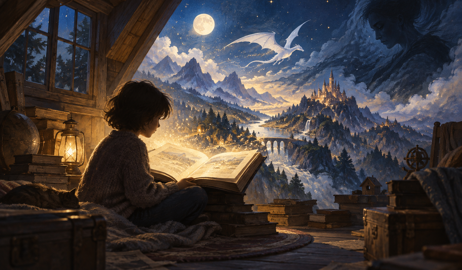 Ilustração de uma criança sentada no sótão lendo um livro aberto, enquanto uma paisagem noturna com montanhas, castelo e dragão branco se abre diante dela.
