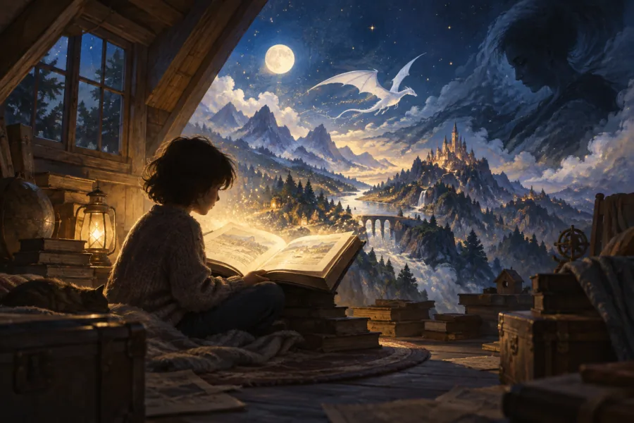 Ilustração de uma criança sentada no sótão lendo um livro aberto, enquanto uma paisagem noturna com montanhas, castelo e dragão branco se abre diante dela.