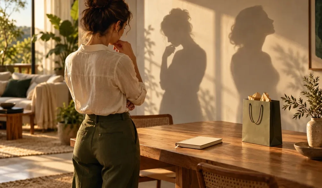 Mulher observa uma compra e um caderno, com duas sombras na parede, em uma ilustração sobre escolhas contraditórias.