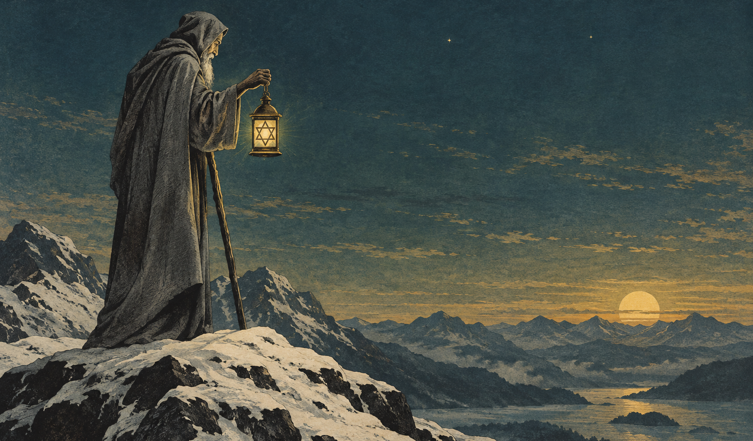 Ilustração de homem idoso encapuzado com cajado e lanterna de estrela de seis pontas sobre um cume nevado, diante de montanhas e do sol baixo.