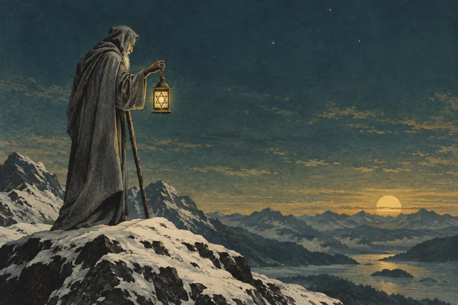 Ilustração de homem idoso encapuzado com cajado e lanterna de estrela de seis pontas sobre um cume nevado, diante de montanhas e do sol baixo.