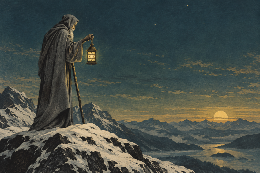 Ilustração de homem idoso encapuzado com cajado e lanterna de estrela de seis pontas sobre um cume nevado, diante de montanhas e do sol baixo.