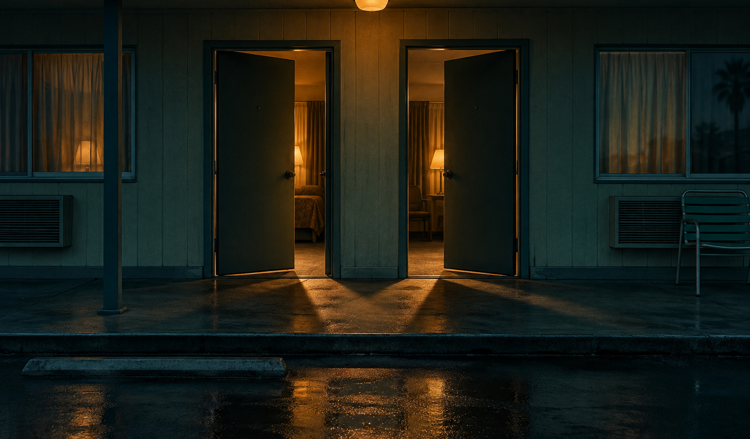 Fachada de motel ao entardecer com duas portas abertas, luzes quentes nos quartos e piso molhado refletindo as sombras.