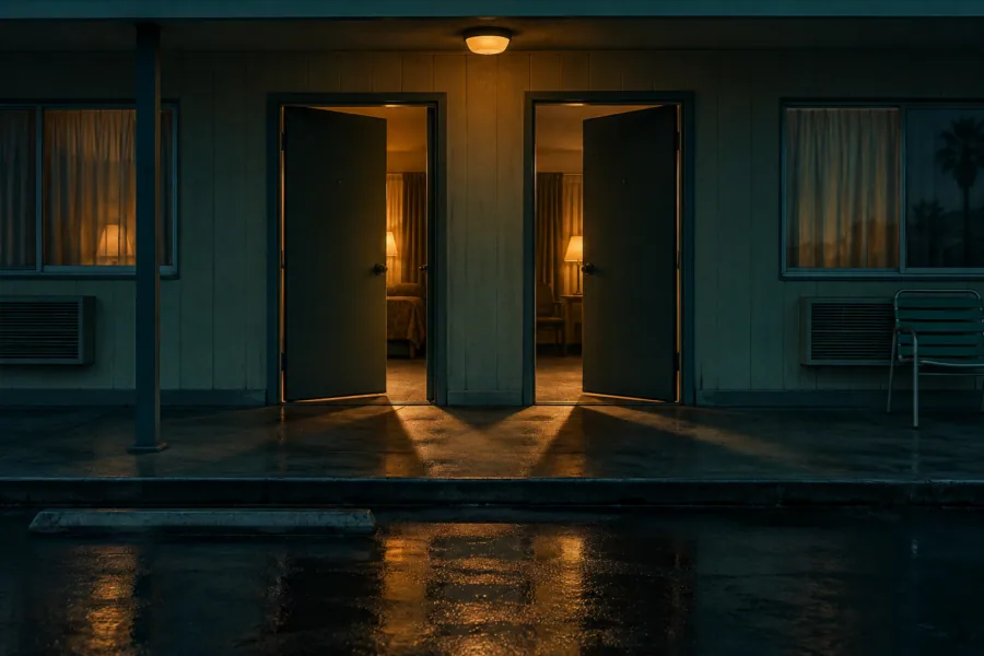 Fachada de motel ao entardecer com duas portas abertas, luzes quentes nos quartos e piso molhado refletindo as sombras.
