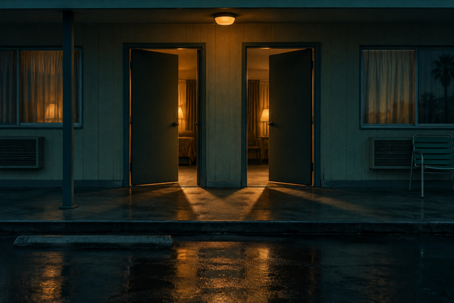 Fachada de motel ao entardecer com duas portas abertas, luzes quentes nos quartos e piso molhado refletindo as sombras.