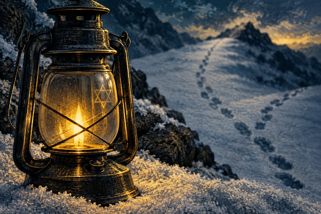 Lanterna antiga acesa sobre a neve, com estrela de seis pontas no vidro e pegadas que se bifurcam ao fundo.