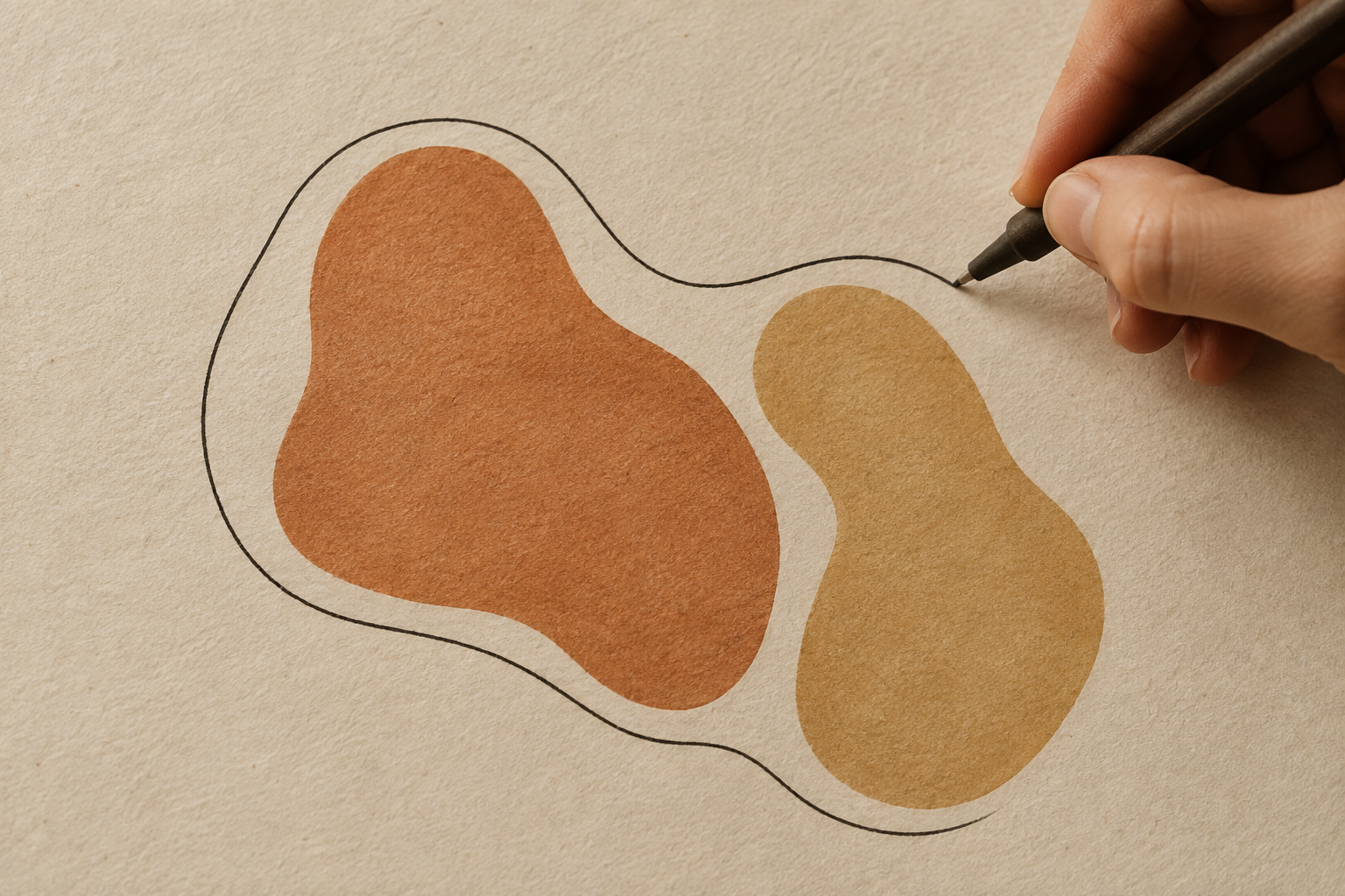 Mão desenha uma linha ao redor de duas formas abstratas separadas sobre papel texturizado.