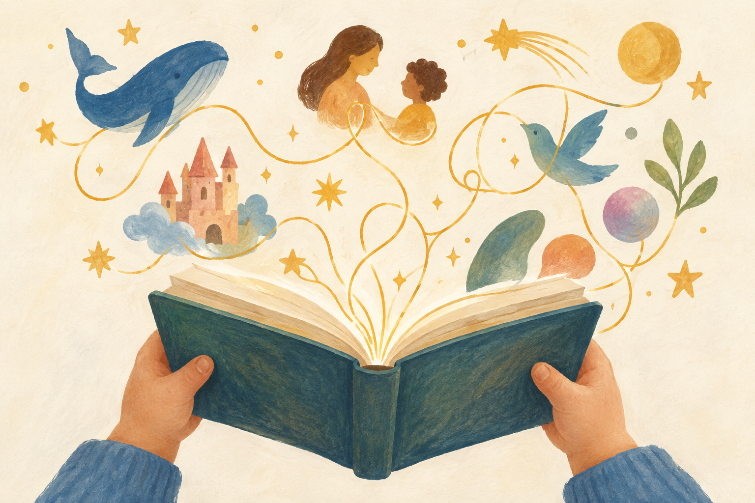 Ilustração em guache de mãos infantis segurando um livro aberto, de onde saem fios dourados ligados a estrelas, uma baleia, um castelo, um pássaro e duas figuras humanas.