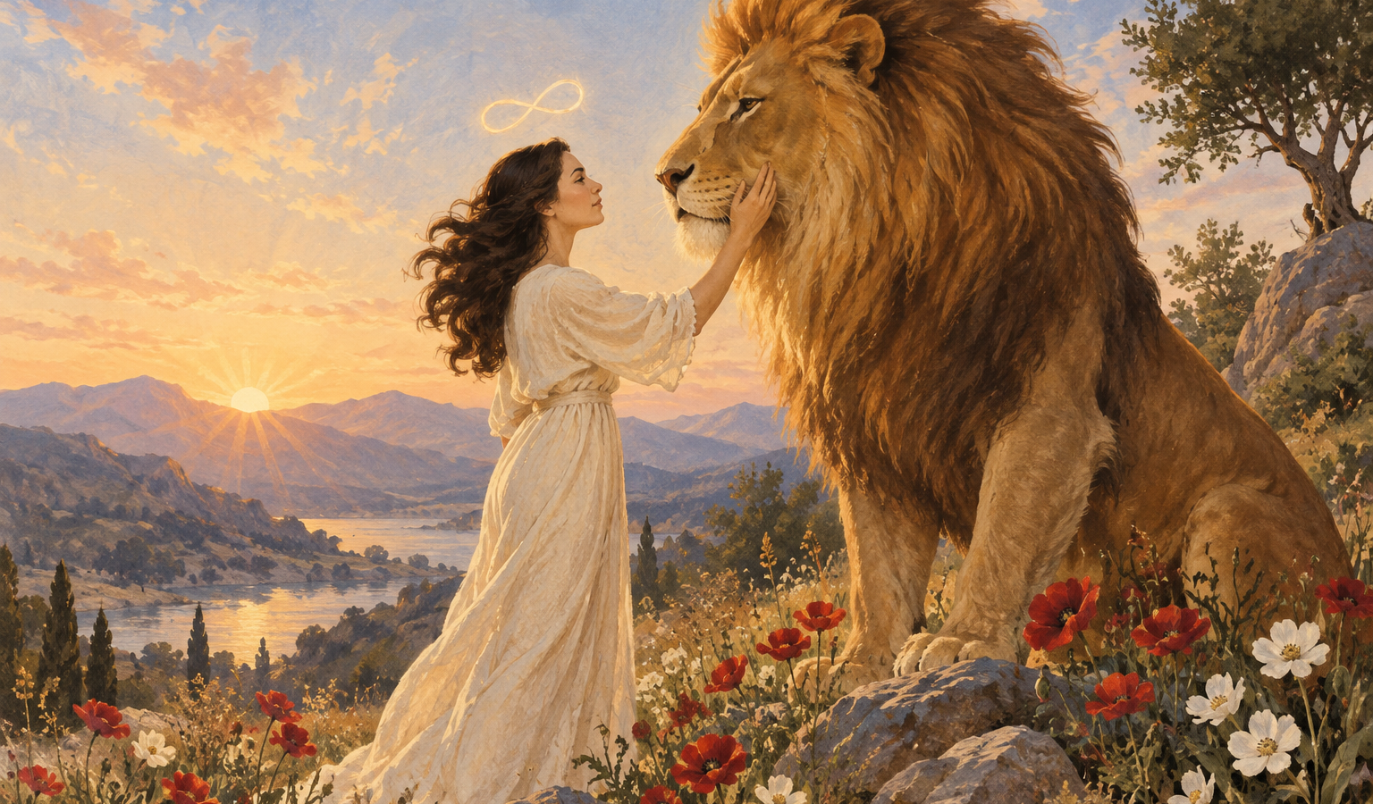 Ilustração de uma mulher de vestido claro tocando o rosto de um grande leão entre flores, diante de montanhas ao amanhecer.
