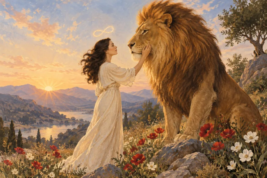 Ilustração de uma mulher de vestido claro tocando o rosto de um grande leão entre flores, diante de montanhas ao amanhecer.