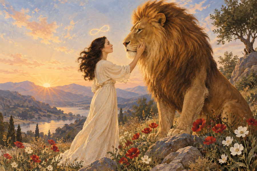 Ilustração de uma mulher de vestido claro tocando o rosto de um grande leão entre flores, diante de montanhas ao amanhecer.