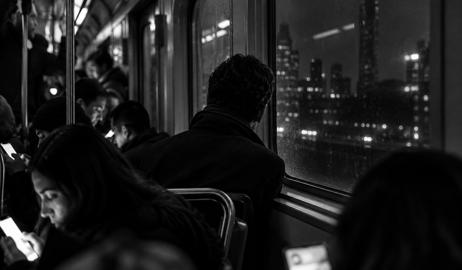 Passageiros em vagão de metrô olham para celulares, enquanto um homem de costas observa a cidade pela janela à noite.