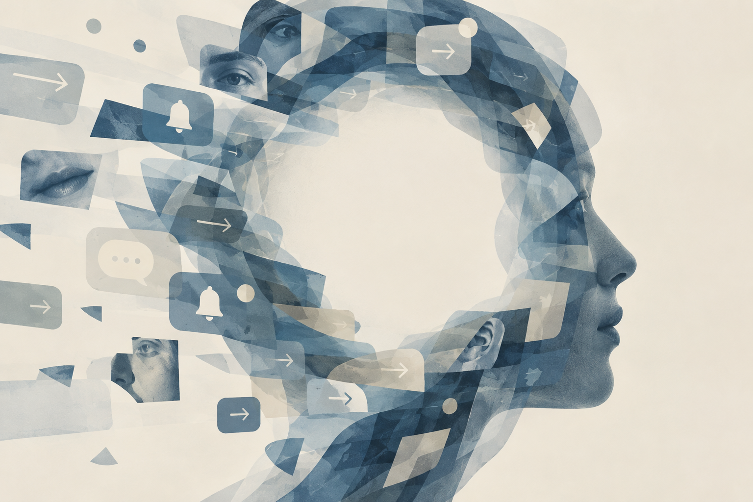 Ilustração de perfil humano em azul sobreposto por fragmentos de rostos, setas e símbolos de notificações.
