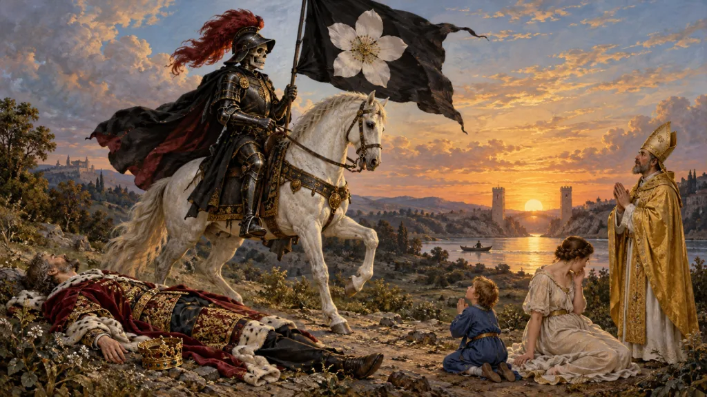 Representação editorial de A Morte como cavaleiro de armadura sobre um cavalo branco, diante de um horizonte luminoso.