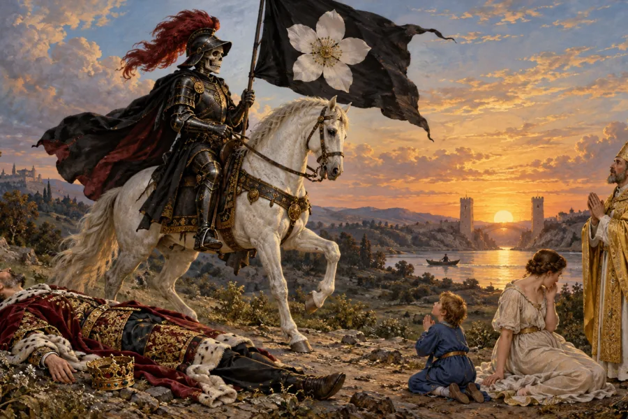 Representação editorial de A Morte como cavaleiro de armadura sobre um cavalo branco, diante de um horizonte luminoso.