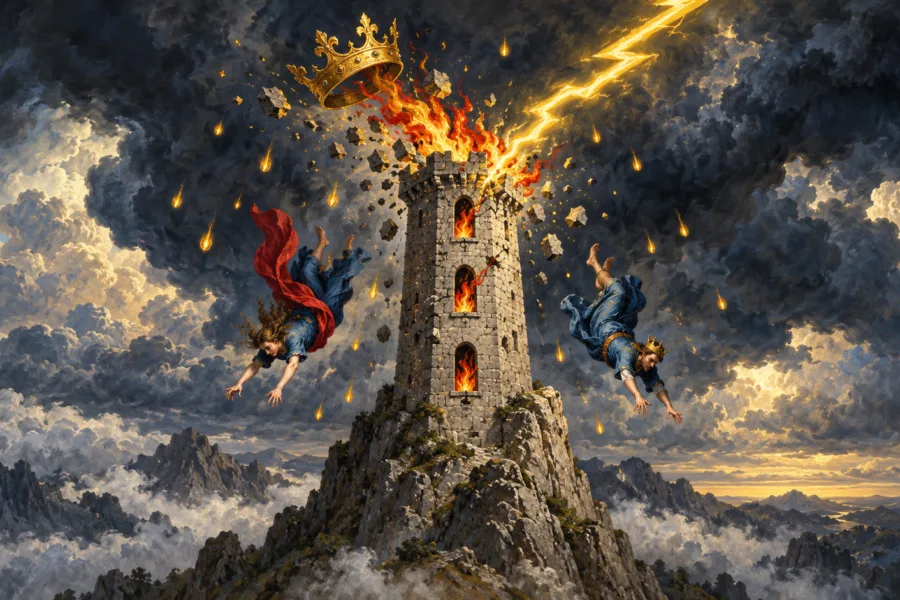Representação editorial de A Torre atingida por um raio, com uma coroa lançada ao alto e duas figuras em queda.