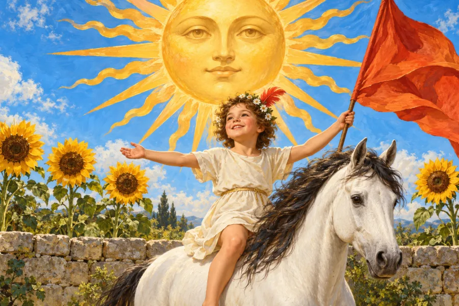 Representação editorial de O Sol com uma criança vestida sobre um cavalo branco, bandeira vermelha e quatro girassóis.