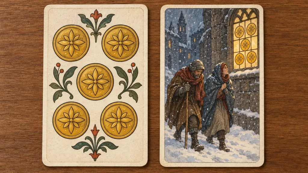 Duas cartas ilustradas: cinco moedas em composição geométrica e duas figuras na neve diante de uma janela iluminada.