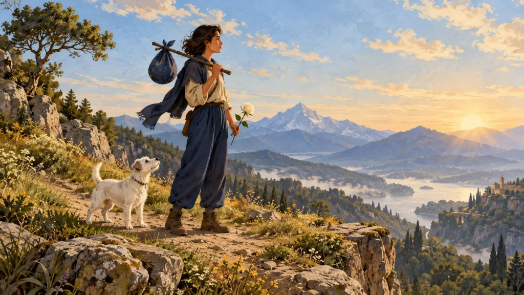 Viajante com trouxa, bastão e rosa branca, acompanhado de um cão em terreno firme diante de uma borda e de montanhas.
