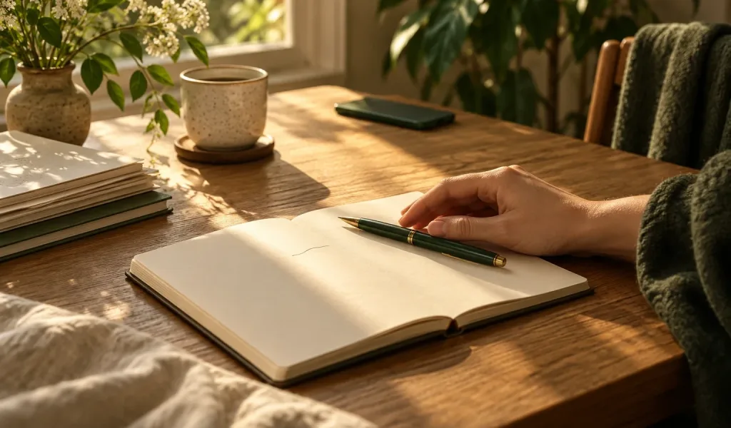 Mão ao lado de uma caneta e de um caderno aberto, com um pequeno traço na página.