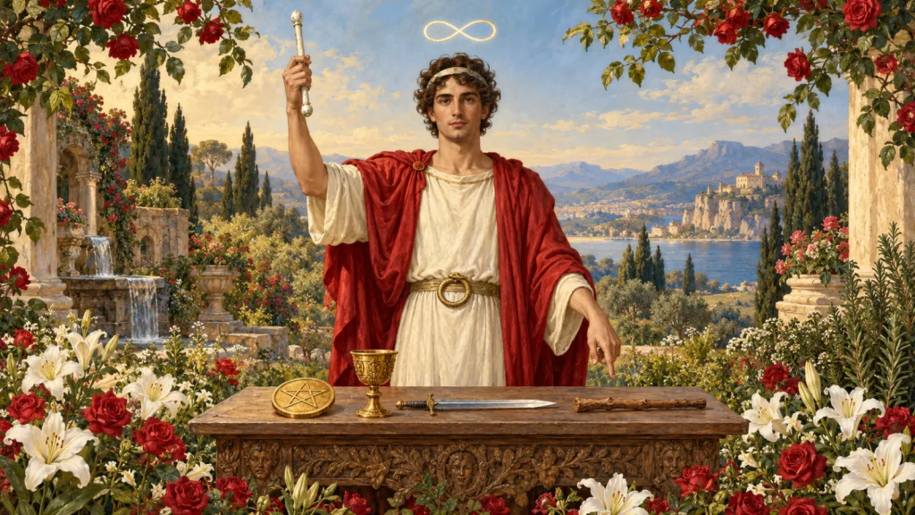 Representação editorial de O Mago diante de sua mesa ritual, com uma mão elevada e a outra voltada para a terra.