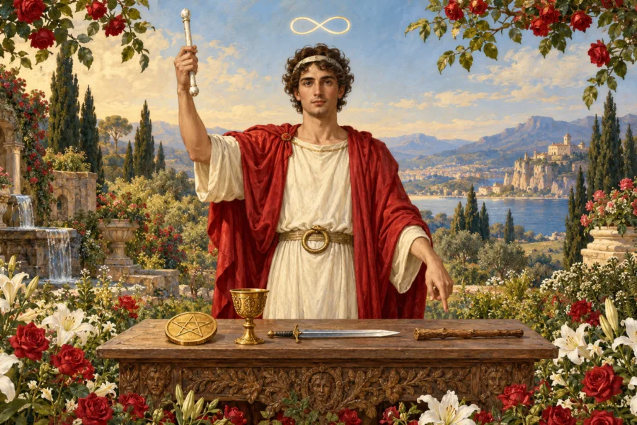 Representação editorial de O Mago diante de sua mesa ritual, com uma mão elevada e a outra voltada para a terra.