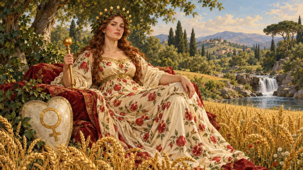 Representação editorial de A Imperatriz em um jardim abundante, cercada por trigo, flores e símbolos de fertilidade.