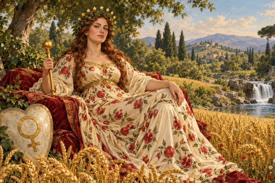 Representação editorial de A Imperatriz em um jardim abundante, cercada por trigo, flores e símbolos de fertilidade.