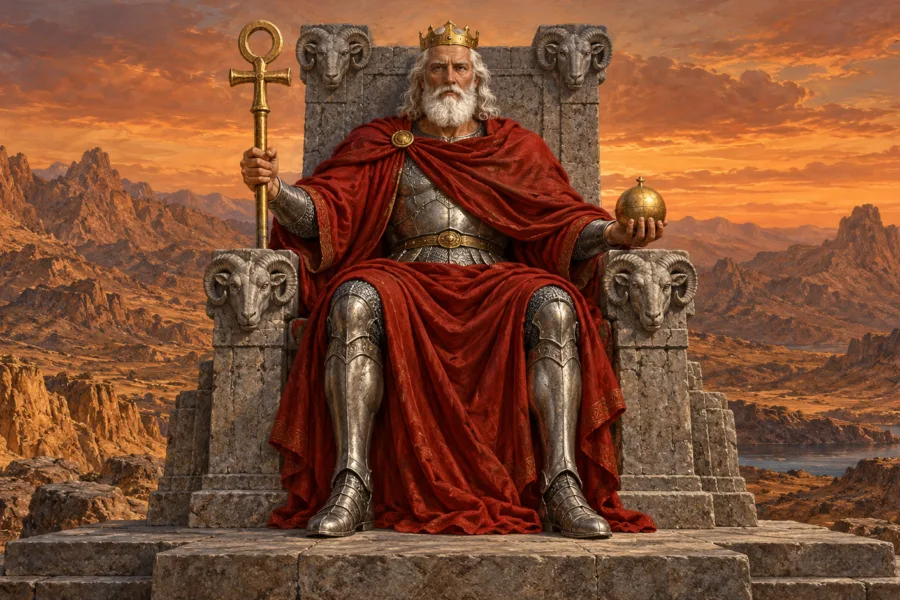 Representação editorial de O Imperador sentado em um trono de pedra, com manto vermelho e montanhas ao fundo.