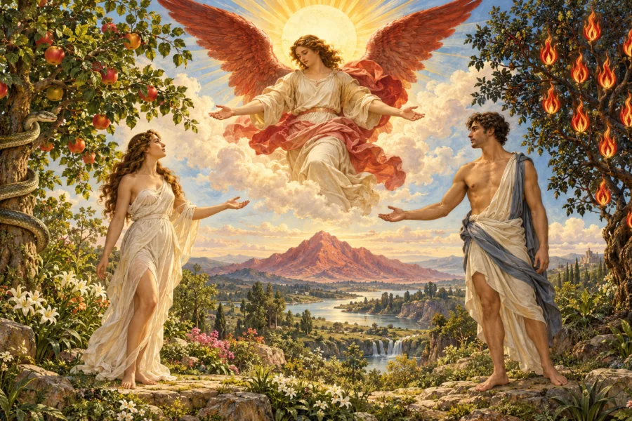 Representação editorial de Os Enamorados diante de uma figura angelical, sob uma luz luminosa e acolhedora.