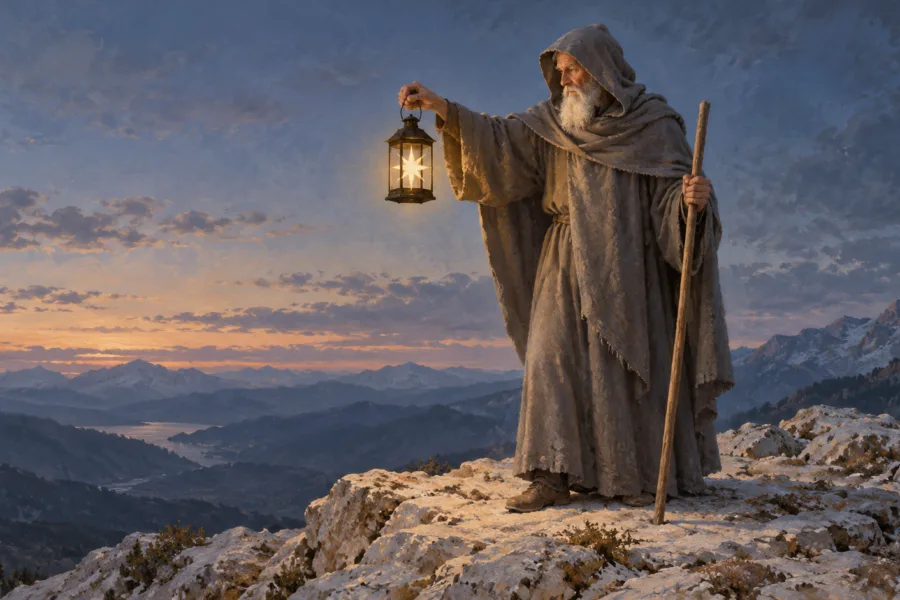 Representação editorial de O Eremita caminhando em uma paisagem montanhosa, guiado pela luz de uma lanterna.