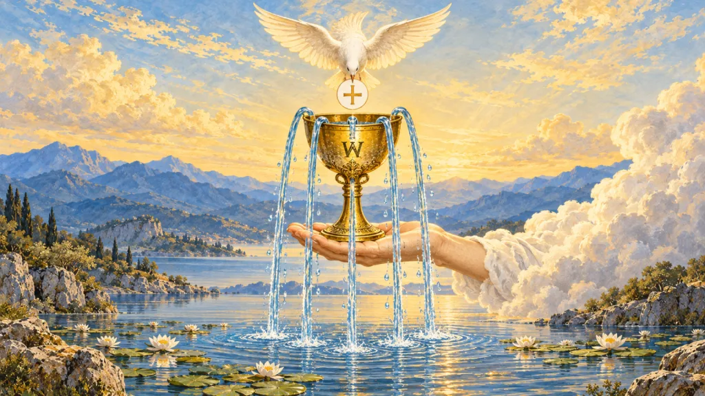 Mão saindo de uma nuvem sustenta uma taça dourada, sob uma pomba com disco e cruz, com cinco filetes de água sobre um lago de nenúfares.