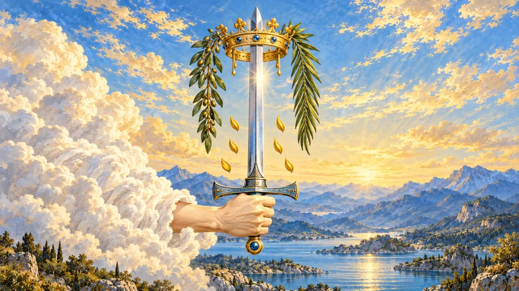 Uma mão saindo de nuvem segura uma espada vertical através de uma coroa, com dois ramos, seis sinais dourados e montanhas abaixo.