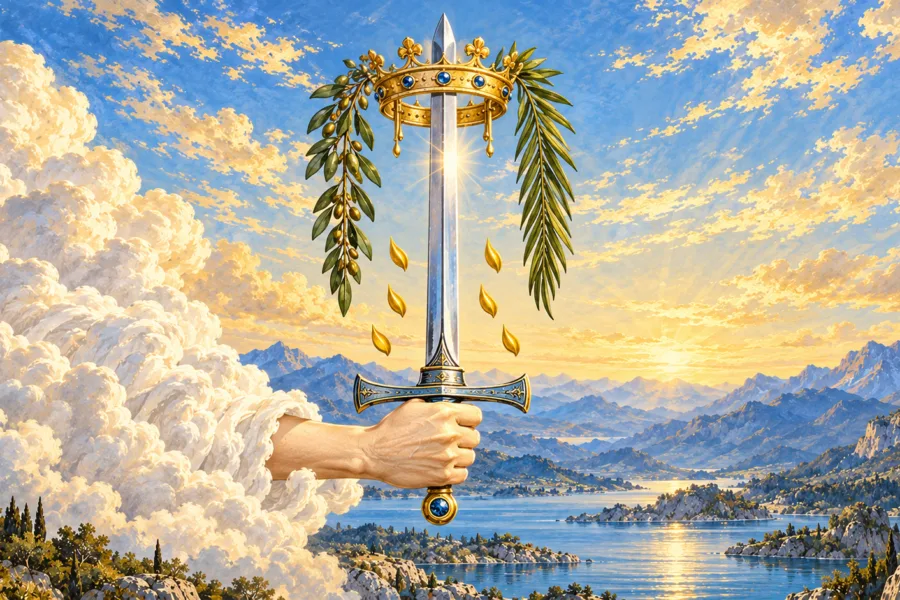 Uma mão saindo de nuvem segura uma espada vertical através de uma coroa, com dois ramos, seis sinais dourados e montanhas abaixo.
