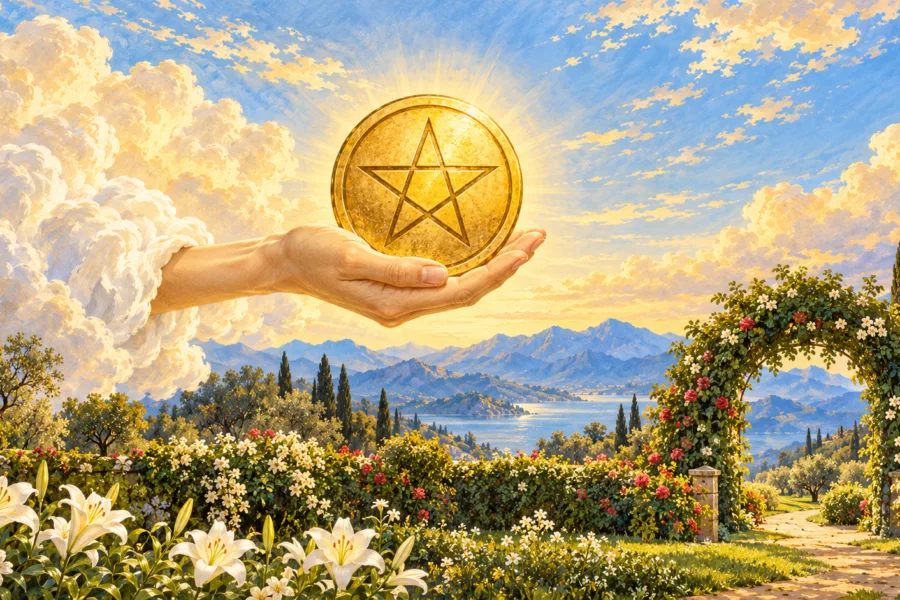Mão saindo de nuvem à esquerda oferece um disco com estrela de cinco pontas, sobre um jardim com caminho e arco florido à direita.