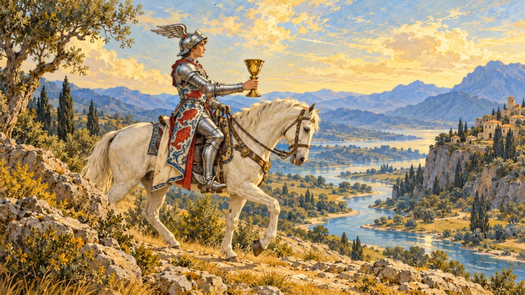 Cavaleiro de armadura com ornamentos alados monta um cavalo claro, voltado para a direita, e oferece uma taça diante de um rio.