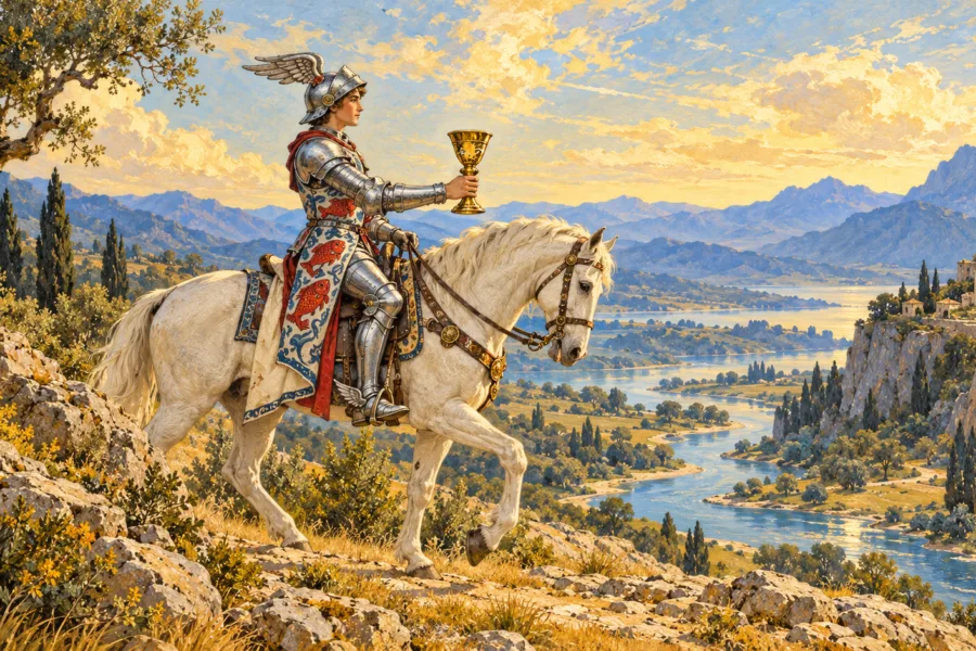 Cavaleiro de armadura com ornamentos alados monta um cavalo claro, voltado para a direita, e oferece uma taça diante de um rio.