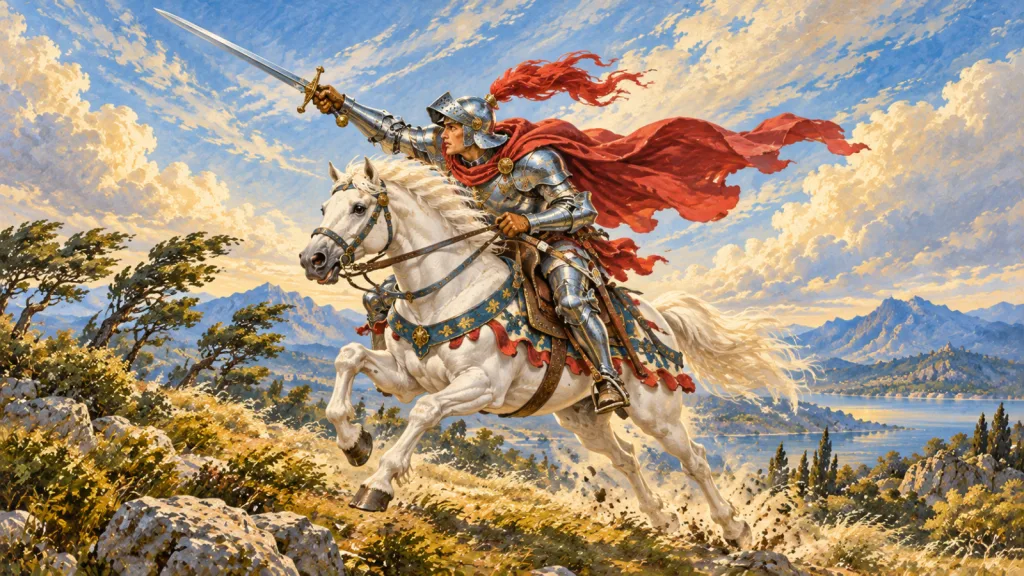 Cavaleiro de armadura em cavalo branco avança à esquerda com uma espada erguida, capa e penacho vermelhos ao vento.