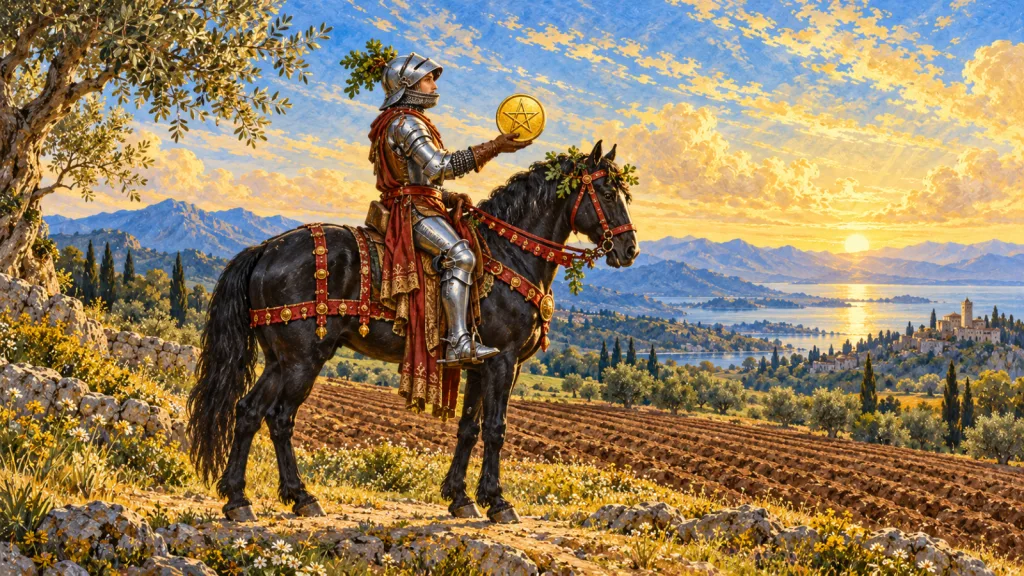Cavaleiro de armadura sobre cavalo preto parado, voltado à direita, apresenta um único pentáculo diante de campos cultivados.