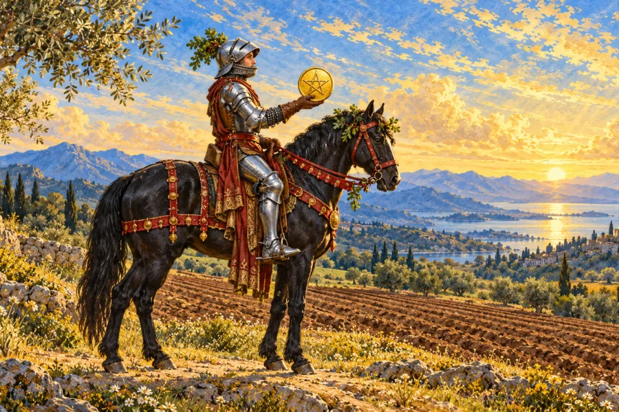 Cavaleiro de armadura sobre cavalo preto parado, voltado à direita, apresenta um único pentáculo diante de campos cultivados.