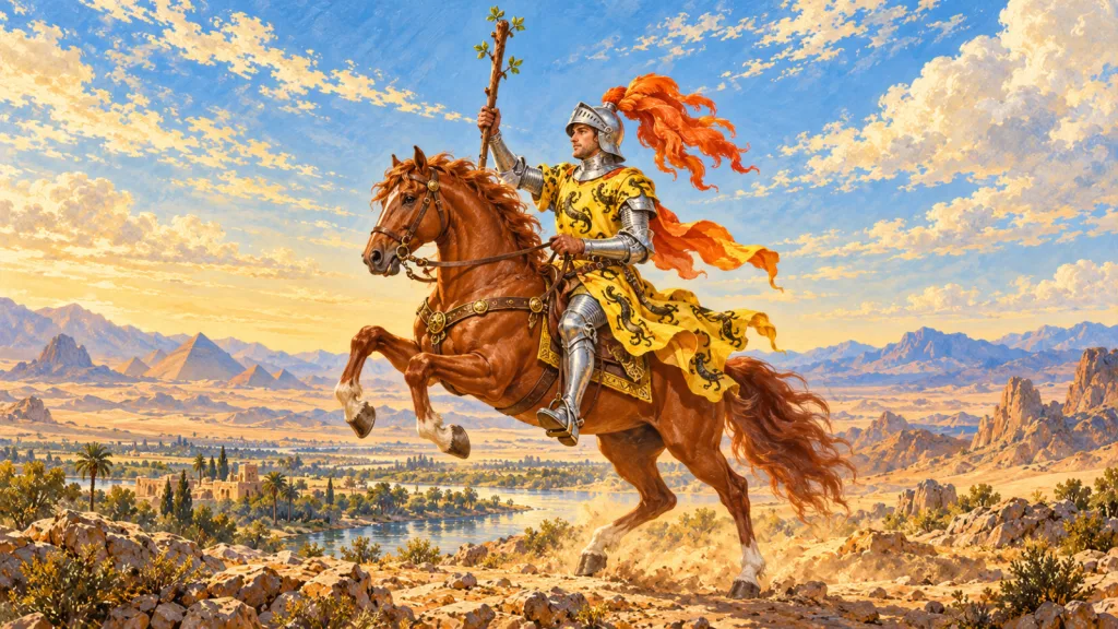 Cavaleiro de armadura segura um bastão sobre um cavalo castanho empinado à esquerda, com penacho e paisagem de pirâmides.
