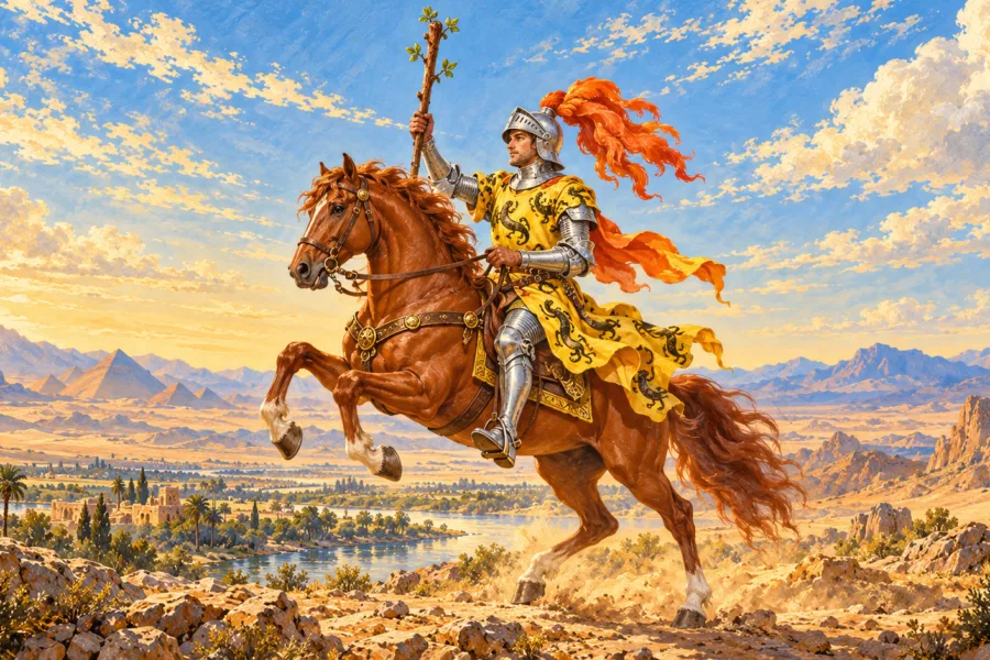 Cavaleiro de armadura segura um bastão sobre um cavalo castanho empinado à esquerda, com penacho e paisagem de pirâmides.