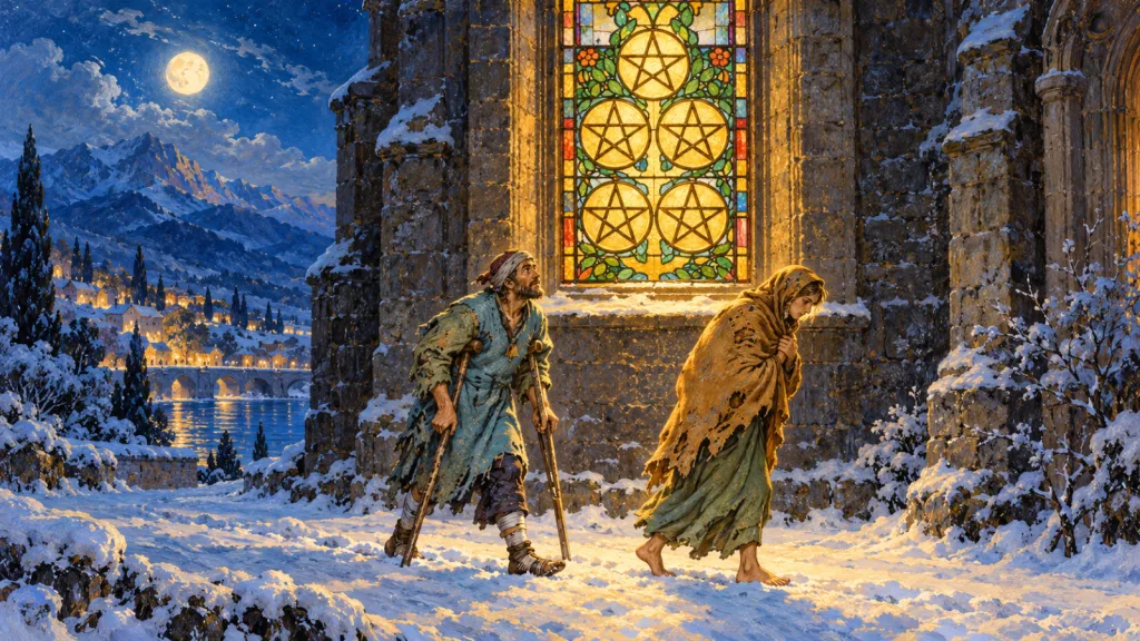 Duas pessoas caminham para a direita na neve, uma com muletas e outra envolta em uma cobertura, sob vitral com cinco pentáculos.