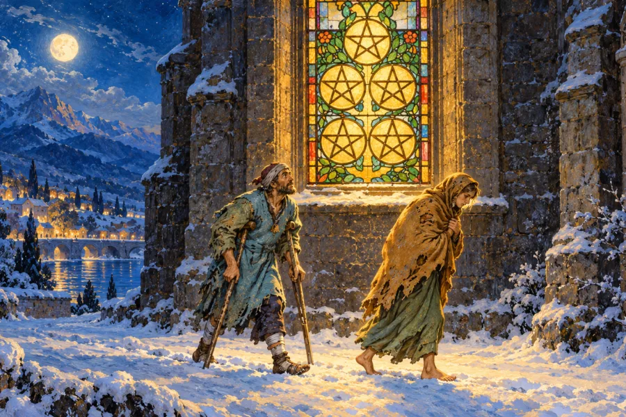 Duas pessoas caminham para a direita na neve, uma com muletas e outra envolta em uma cobertura, sob vitral com cinco pentáculos.