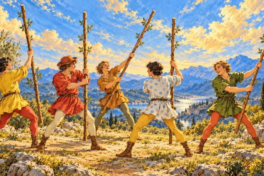 Cinco jovens adultos, com roupas de cores diferentes, movimentam cinco bastões separados em uma paisagem iluminada.