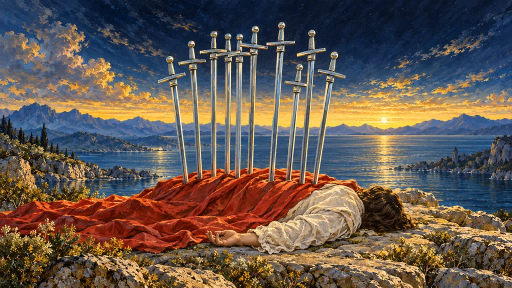 Figura de bruços com cabeça à direita e tecido vermelho, dez espadas representadas nas costas e faixa dourada no horizonte sobre a água.