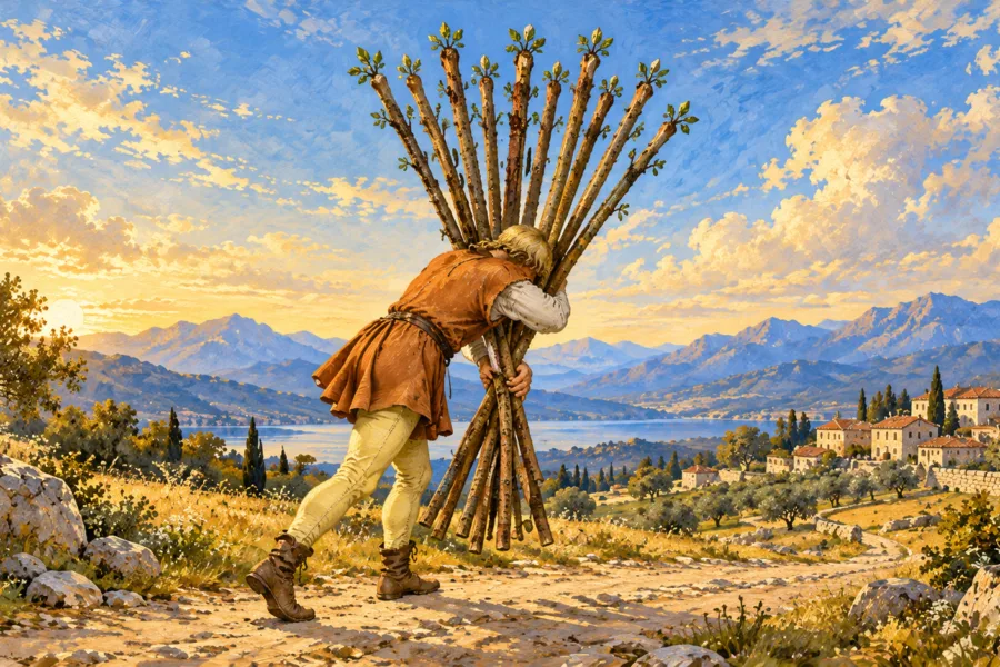 Figura curvada caminha à direita carregando um feixe de dez bastões, com um povoado ao fundo.