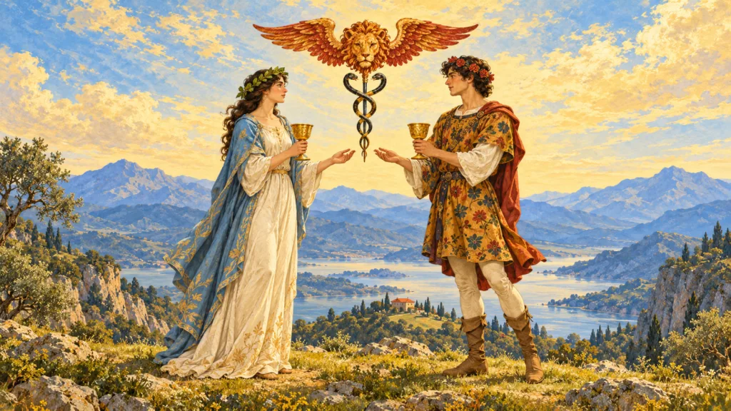Dois adultos frente a frente, cada um com uma taça dourada, sob uma cabeça de leão alada e um caduceu com duas serpentes.