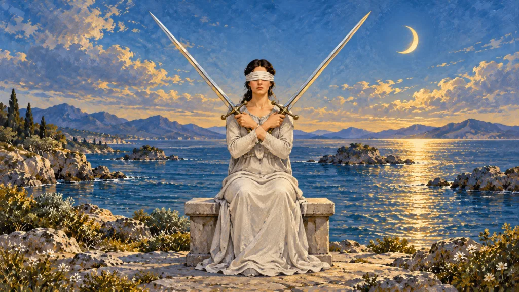Mulher vendada de roupa clara sentada em banco, com braços cruzados e duas espadas erguidas, diante de mar rochoso e lua crescente à direita.